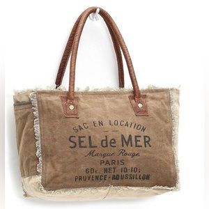 Myra Tote Bag Upcycled Leather Handles Canvas Sel de Mer Fringe Retro Boho Bag